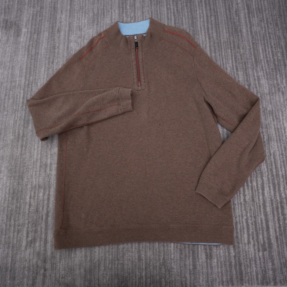 Tommy Bahama Quarter Zip Pullover Mens Large Brown Cotton Sweater Good